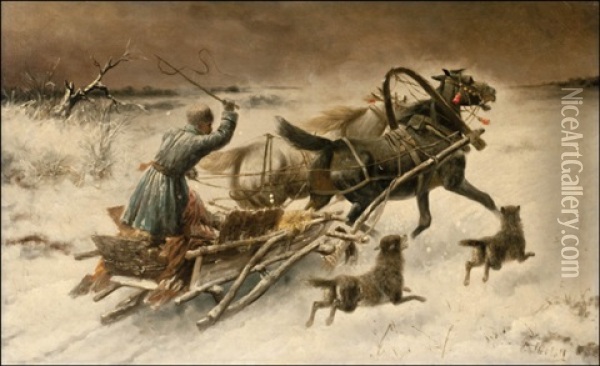 Hevosreki (horse Sleigh) Oil Painting - Adolf (Constantin) Baumgartner-Stoiloff