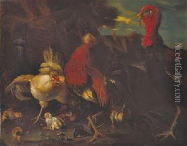 Huhnerhof (nach Melchior De Hondecoeter) Oil Painting - Gustav Sus