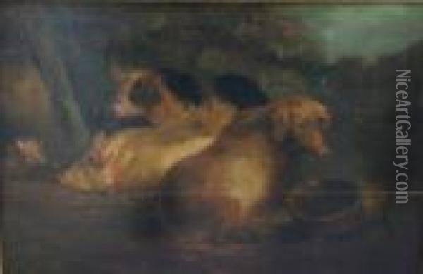 Three Pigs And Piglet In A Yard Oil Painting - George Morland