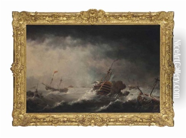Men-o'war Caught In A Violent Storm Oil Painting - Thomas Allen