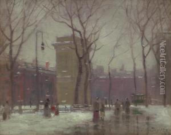 Winter, Washington Square Oil Painting - Paul Cornoyer