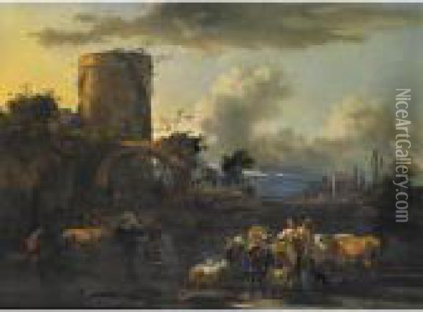 An Evening Landscape With Drovers And Their Animals By A River Oil Painting - Nicolaes Berchem