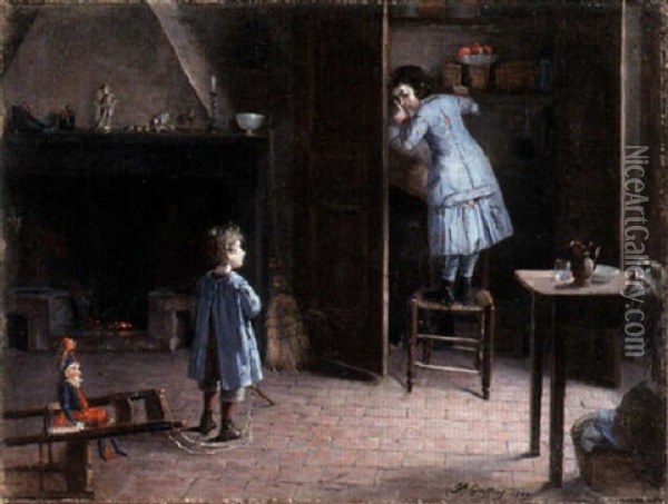 Children In An Interior Oil Painting - Henry Jules Jean Geoffroy