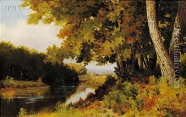 Landscape By A Stream Oil Painting - William B. Gillette
