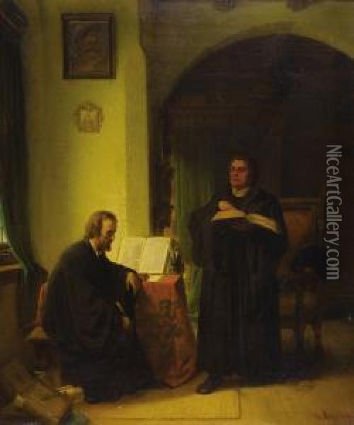 Two Men Studying Oil Painting - Karl Schlesinger