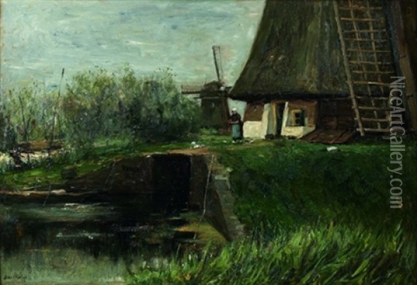 Un Moulin - Jour Gris Oil Painting - Otto Willem Albertus Roelofs