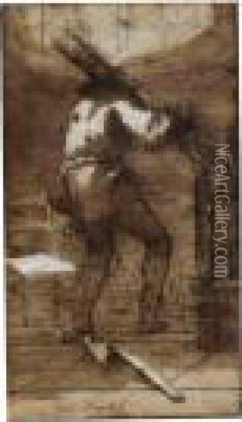 Etude D'homme Portant Du Bois Dans Un Interieur Sombre Oil Painting - Giovanni Domenico Tiepolo
