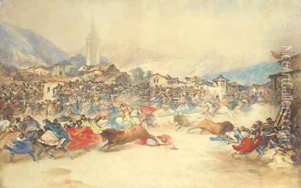 Running the bulls in the main square of a Spanish village Oil Painting - Eugenio Lucas y Padilla