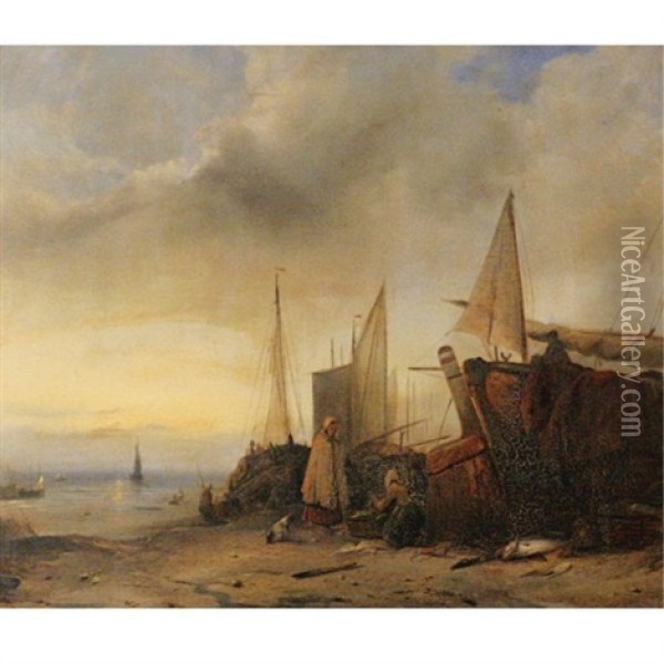 Ships At Low Tide Oil Painting - Jacob Jacobs
