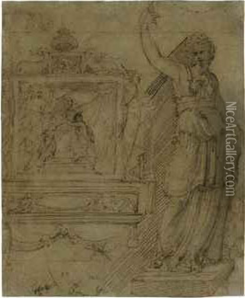 Design For The Wall Of A Chapel, With A Panel Of The Madonna And Child, A Further Study Of An Allegorical Female Figure Oil Painting - Perino del Vaga (Pietro Bonaccors)