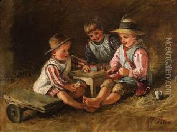 Threechildren Playing At A Small Table Oil Painting - Pietronella Peters