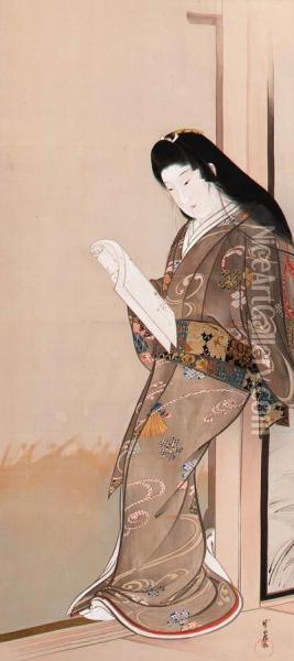 Beauty Reading A Letter Oil Painting - Kawanabe Gyosui