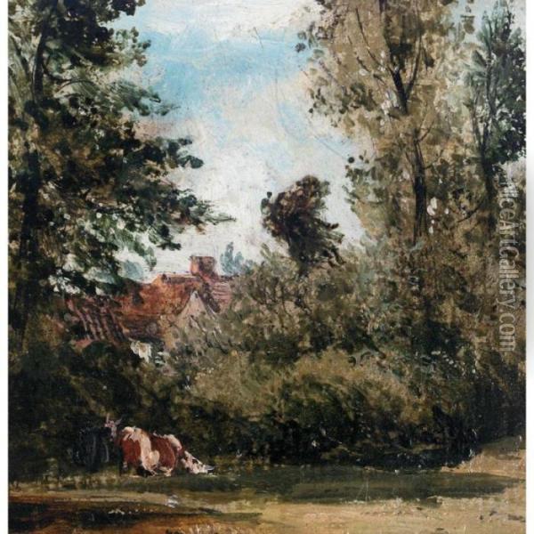 A Cottage Hidden By Trees, Cows Grazing In The Foreground Oil Painting - Frederick Waters Watts