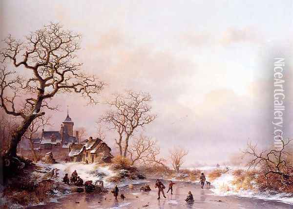Winter: townsfolk skating on a frozen waterway near a fortified mansion at dusk Oil Painting - Frederik Marianus Kruseman