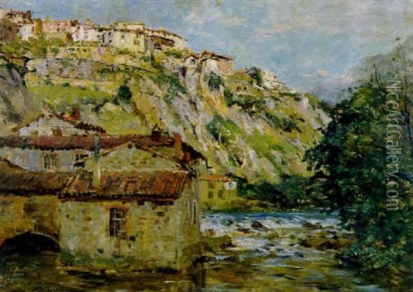 Le Village Au Bord De L'eau Oil Painting - Edmond Marie Petitjean
