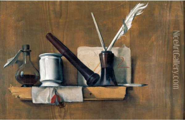 A Trompe L'oeil With Plumes In An Ink Bottle, A Letter, A Seal Stamp, A Delft Pot And A Bottle, Arranged Upon A Wooden Shelf Oil Painting - Heyman Dullaert