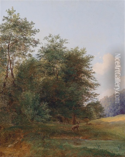 Roe Deer By The Pond Oil Painting - Edmund Mahlknecht