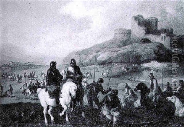 A Cavalry Regiment Engaging For Battle Before A Fortress Oil Painting - Antonio Calza