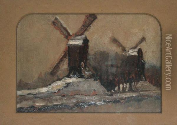 Winterlandschap Met Windmolens Oil Painting - Louis De Koninck