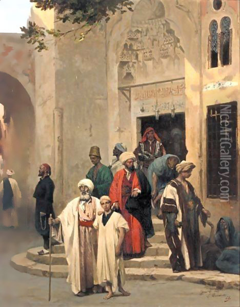 Personnages Sortant D'Une Mosquee Oil Painting - Louis Claude Mouchot
