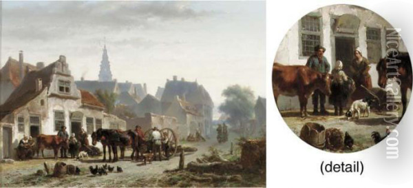 Loading A Malle Jan In A Village Street Oil Painting - Wouterus Verschuur