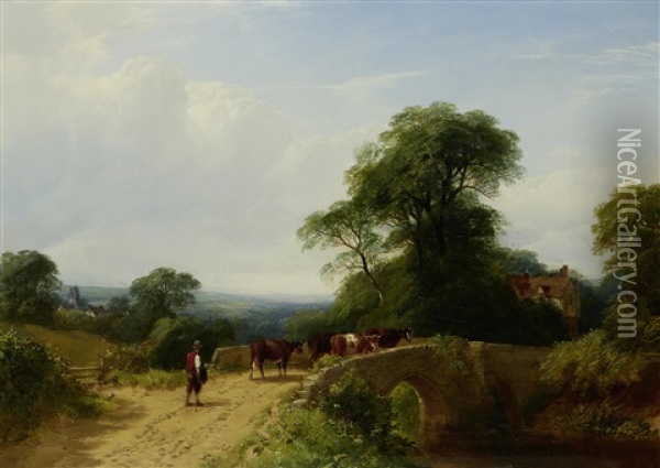 Cows Being Driven Across A Bridge Oil Painting - Henry Jutsum
