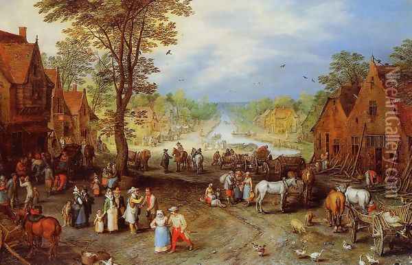 Village Street with Canal Oil Painting - Jan The Elder Brueghel