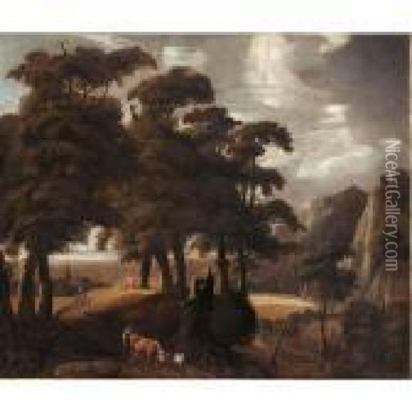 A Wooded Landscape With A 
Peasant And His Herd Together With Other Travellers On A Path, A Village
 In The Background Oil Painting - Jaques D'Arthois
