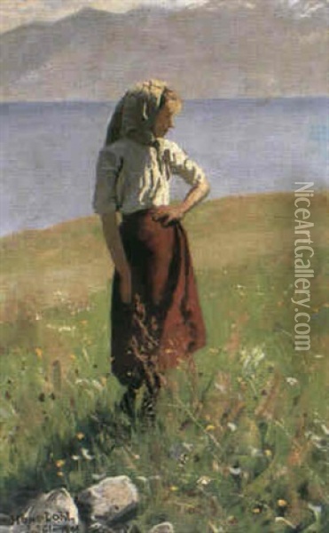 Sigrid - Ung Flicka I Soligt Fjordlandskap Oil Painting - Hans Dahl