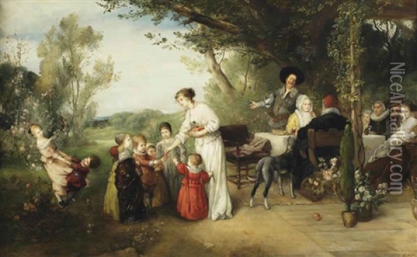 Afternoon Picknick With Three Generations Oil Painting - Gustav Adolf Mueller-Koburg