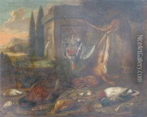 Still Life Study Of Game By A Classical Wall And Fountain With Trees And Lake Beyond Oil Painting - Benjamin Blake