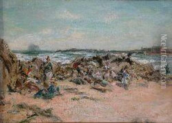 Picnic On The Beach, North Berwick, The Bass Rock In Thedistance Oil Painting - Pollok Sinclair Nisbet