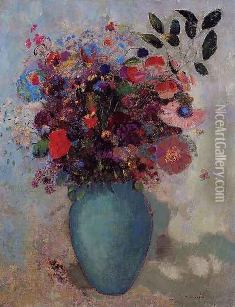 Flowers In A Turquoise Vase Oil Painting - Odilon Redon