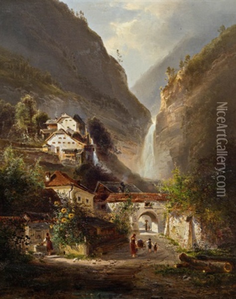 Der Muhlbach-wasserfall In Hallstatt Oil Painting - Ferdinand Feldhuetter