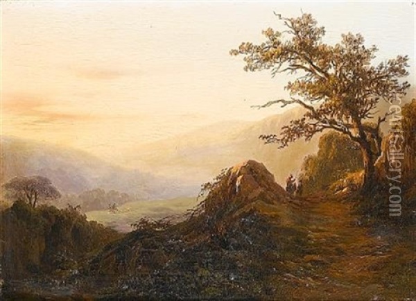Drover With His Cattle On A Path In A Valley (+ Traveller With A Mule; 2 Works) Oil Painting - Edouard De Vigne
