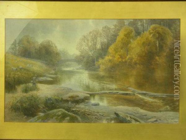 Isherman On Riverbank With Sheep Oil Painting - Frank Gresley