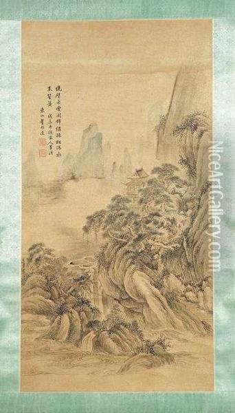 Song Style Landscape With Torrent And Figures Oil Painting - Dong Bangda