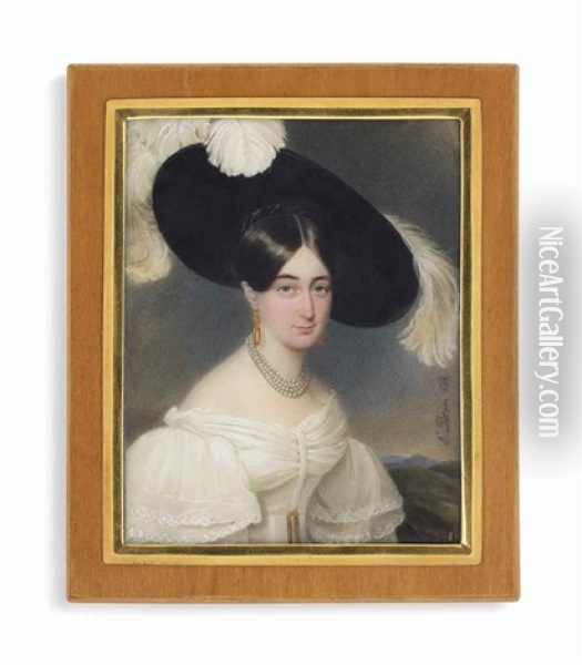 A Young Lady, In White Dress, Wearing Four-strand Pearl Necklace, Gold Earrings, Large Black Hat With White Ostrich Plumes; Landscape Background Oil Painting - Emanuel Thomas Peter
