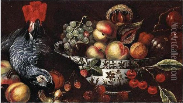Still Life Of Peaches, Figs, 
Grapes And Plums In A Blue And White Porcelain Bowl, Together With Other
 Fruit And A Grey Parrot Oil Painting - Michiel Simons