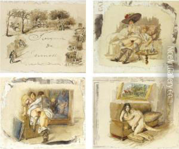 Souvenir De Jeunesse: A Rare Set Of 24 Erotic Drawings Oil Painting - Mihaly von Zichy