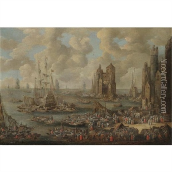 A Busy Harbour With Numerous Merchants And Fishermen Oil Painting - Pieter Casteels the Younger