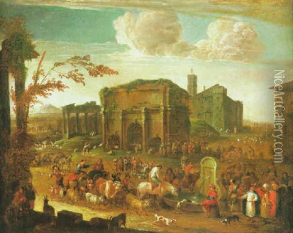Makttreiben Vor Romischen Ruinen Oil Painting - Adriaen Frans Boudewyns the Elder