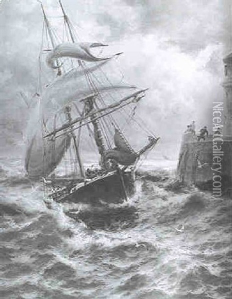 Rough Weather, Ramsgate Harbour - Dutch Coaster Running In Oil Painting - Thomas Rose Miles