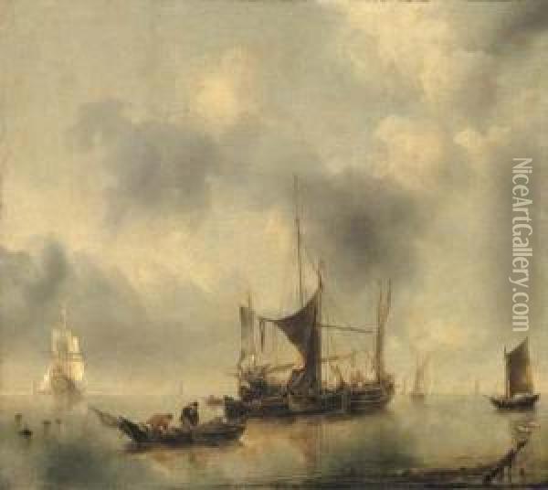 A Kaag And A Smak In A Calm, 
With Fishermen Pulling In Their Catchfrom A Rowing-boat In The 
Foreground, A Dutch Frigate And Otherboats Beyond Oil Painting - Jan Van De Capelle
