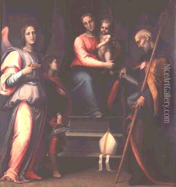 Madonna and Child with Saints Augustine, Tobias and the Archangel Raphael Oil Painting - Bartolommeo Sogliani