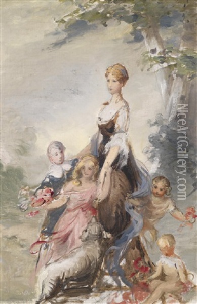 Mutter Mit Ihren Kindern In Einer Landschaft Oil Painting - Adolf Pirsch