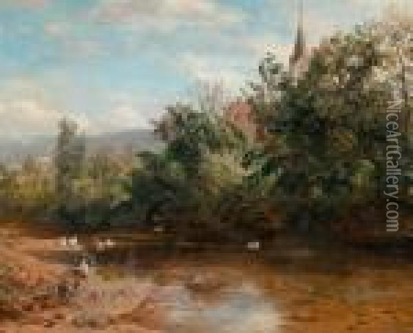 River Landscape With Ducks And A Church In The Background Oil Painting - Carl Jutz