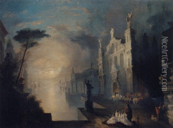 A Procession Befoe A Baroque Church In A Moonlit Harbour, A Capriccio Oil Painting - Johan Christian Dahl