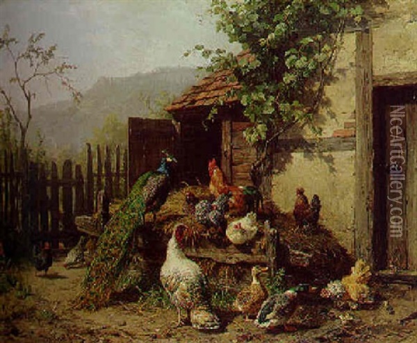 Hinter Dem Hause. Pfau, Huhner Und Enten Oil Painting - Carl Jutz the Elder