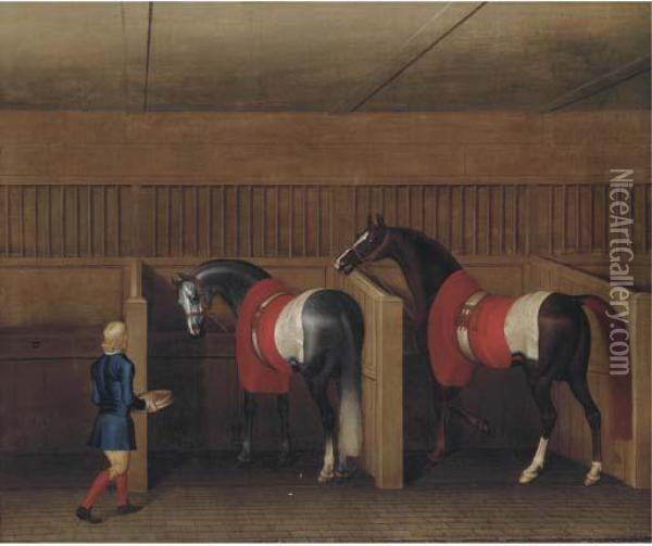 Two Racehorses With A Groom In A Stable Oil Painting - James Seymour